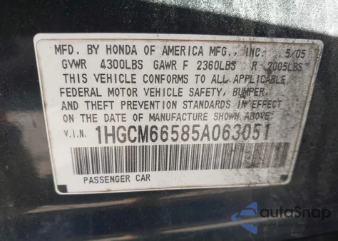 2005 Honda Accord Sdn 3.0 Ex from USA, damaged, VIN 1HGCM66585A063051